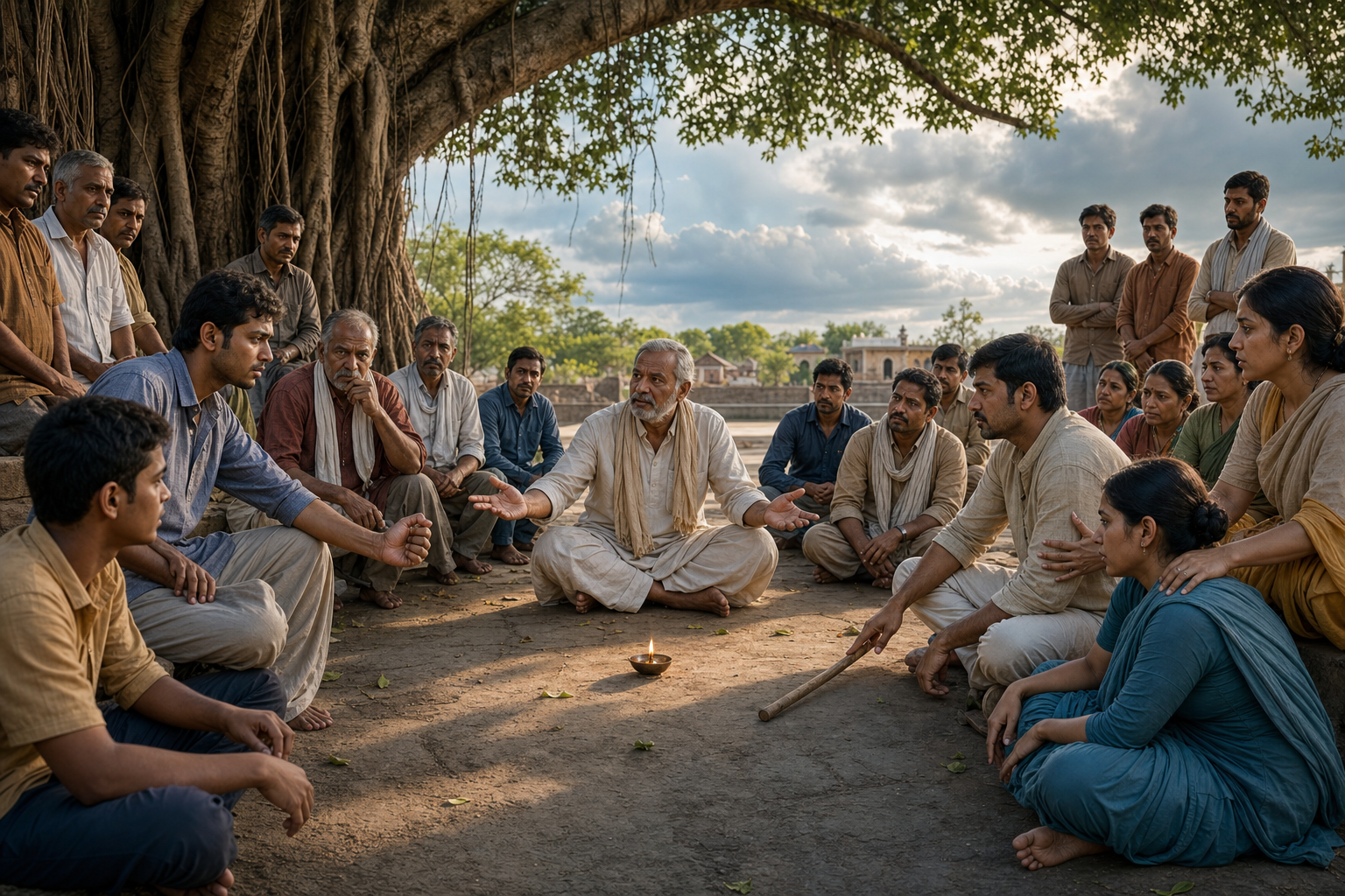 Two groups pause a family conflict as an elder mediates beneath a banyan tree and one participant sets down a wooden staff.