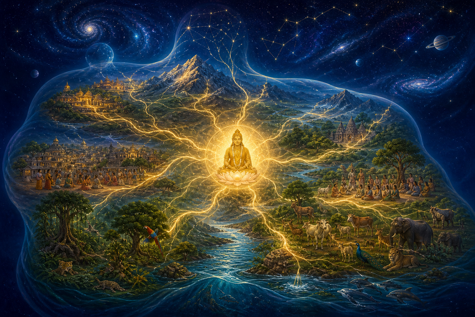 People, animals, forests, rivers, mountains, and stars form a translucent cosmic body around a radiant inner presence.