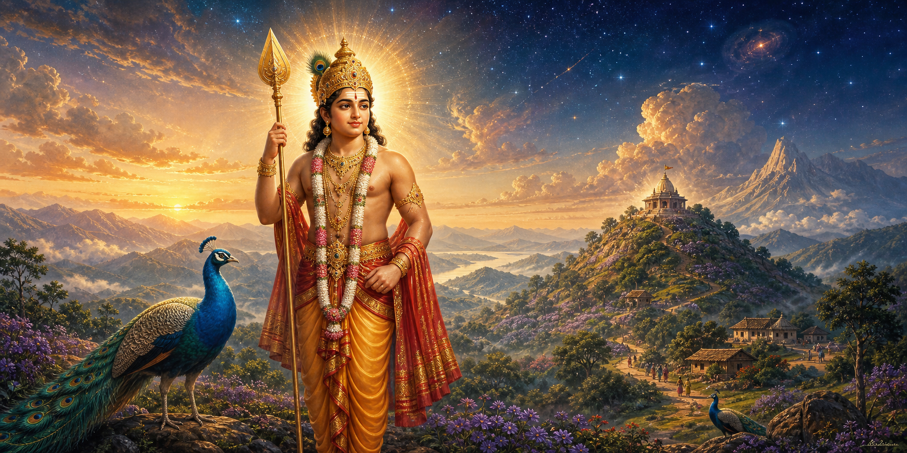 Murugan stands with his vel and peacock between a star-filled celestial sky and flowering Tamil hills with a small shrine.