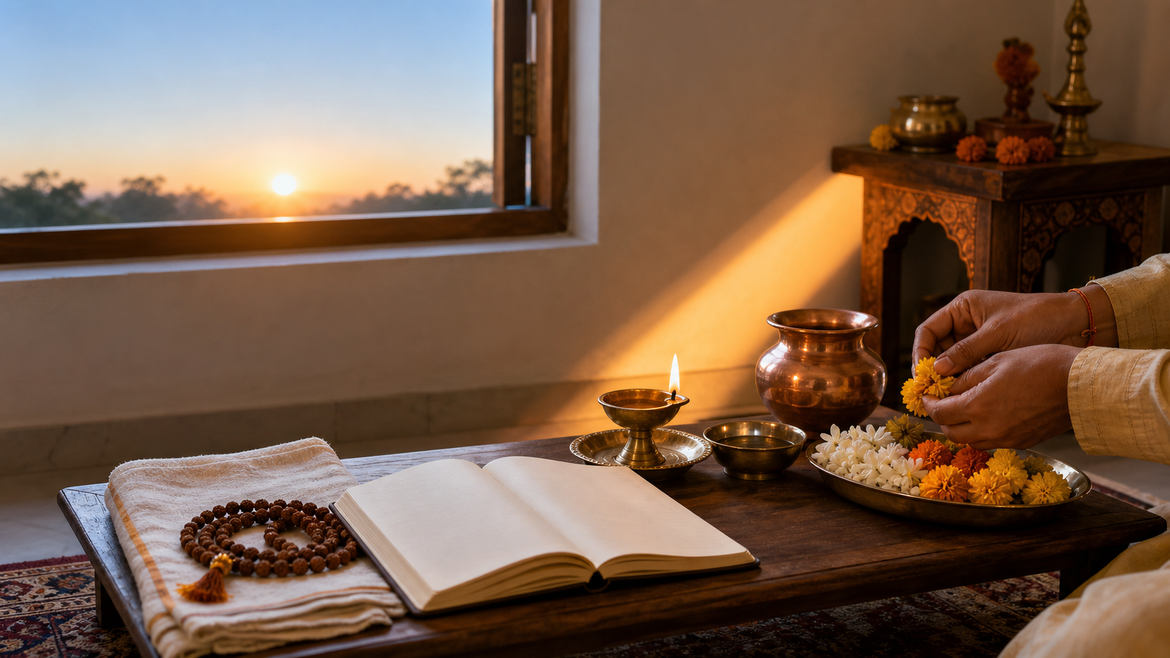 A devotee's hands arrange a brass lamp, copper vessel, flowers, prayer beads, and an open notebook beside a sunlit home puja space.