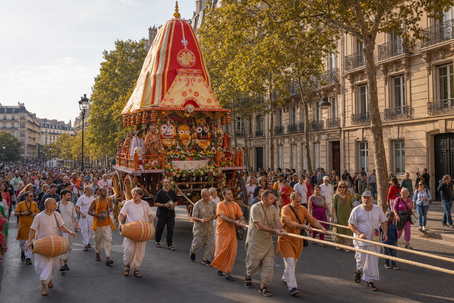 A decorated Ratha Yatra chariot carrying the sacred forms of Jagannath, Baladeva, and Subhadra moves through a Paris boulevard with musicians, walkers, and pavement spectators.
