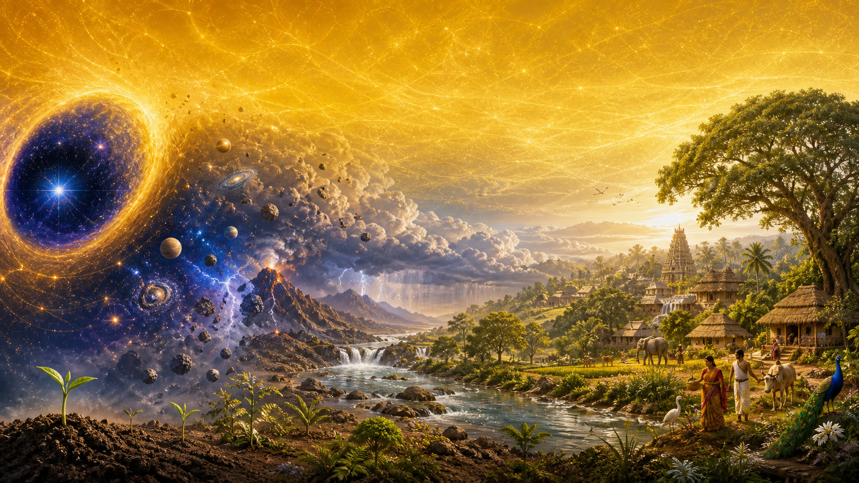 A dark cosmic seed unfolds into stars, rain, rivers, forests, animals, and villages within an unchanging field of golden light.