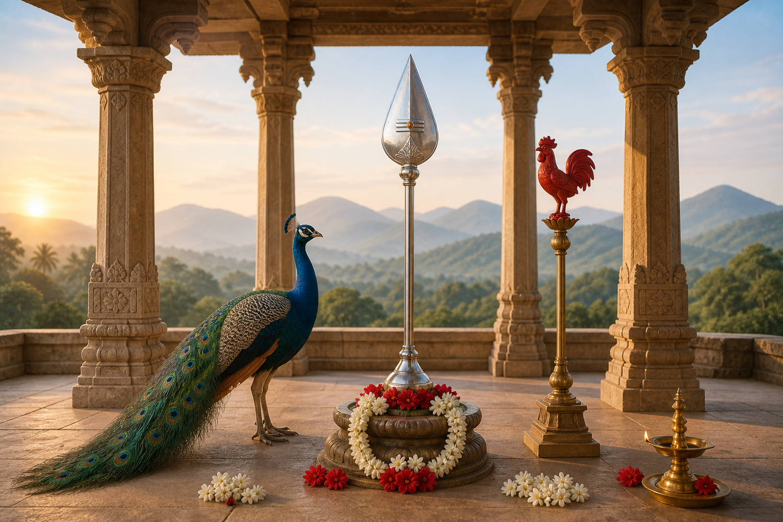 A vel spear, peacock, rooster-topped standard, flowers, and oil lamp are arranged in a stone pavilion overlooking distant hills.