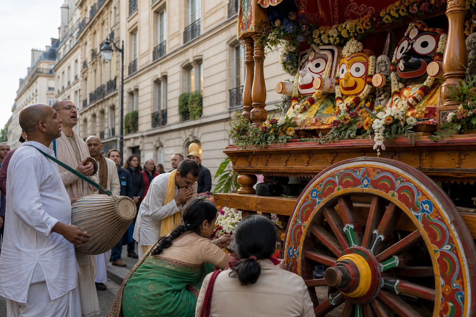 Devotees offer flowers and play drums and hand cymbals beside a large decorated chariot carrying Jagannath, Baladeva, and Subhadra on a Paris street.
