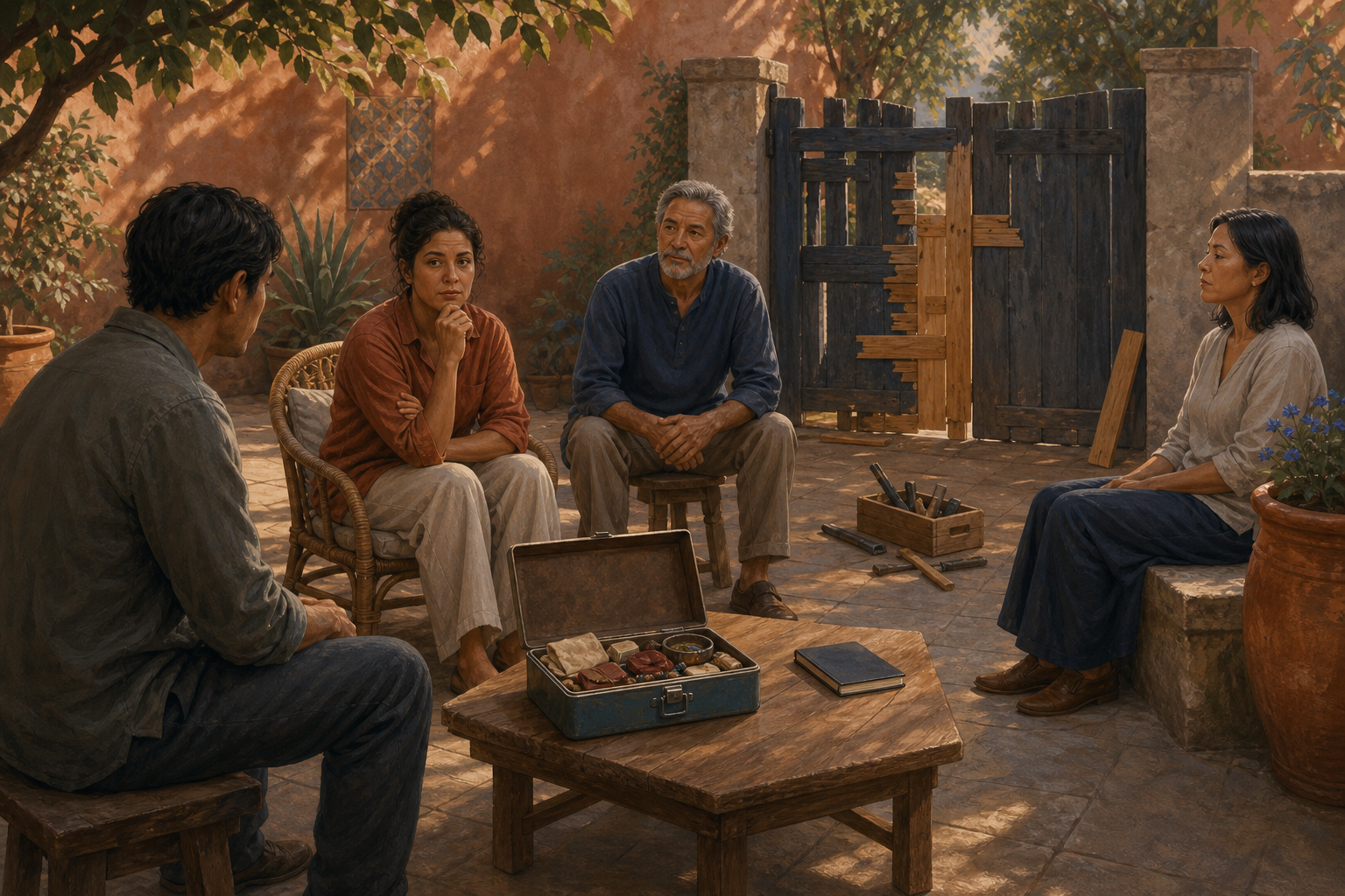 A person returns a shared cash box and begins repairing a broken gate while two affected community members and an elder observe cautiously.