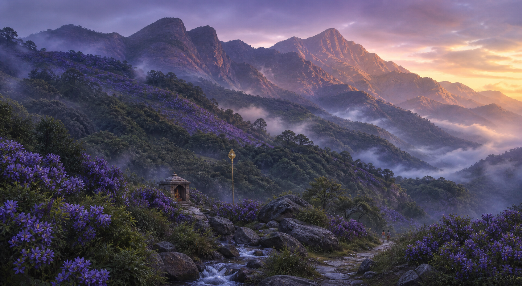 Violet kurinji flowers cover misty Tamil mountain slopes where a footpath leads past a small Murugan shrine and vel.