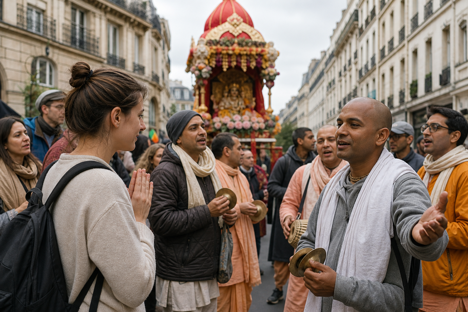 A newcomer watches a devotional singing circle as a participant welcomes them gently, with the Ratha Yatra chariot visible farther along the Paris street.