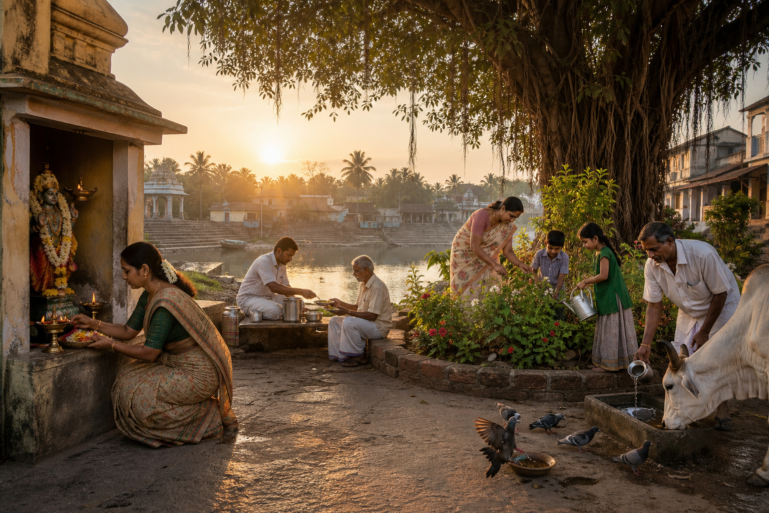 People in a South Indian temple town offer flowers, serve food, tend a garden, and give water to animals at sunrise.