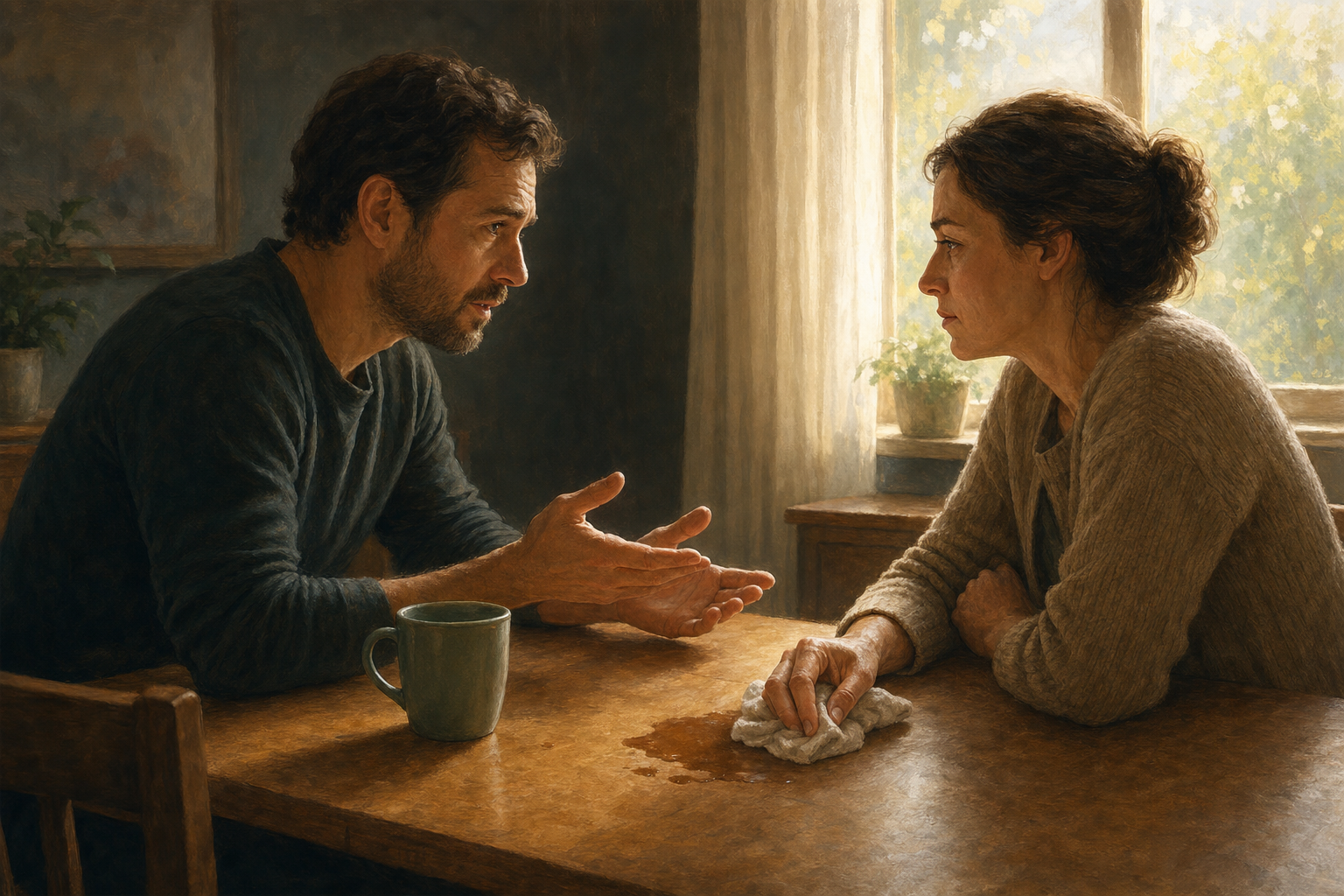 Two adults speak across a table while one adopts an accountable posture and wipes up a small spill beside an upright cup.