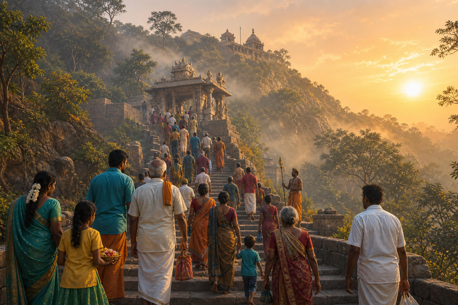 Pilgrims carrying flowers climb stone steps through a forested hill toward a South Indian Murugan temple at sunrise.