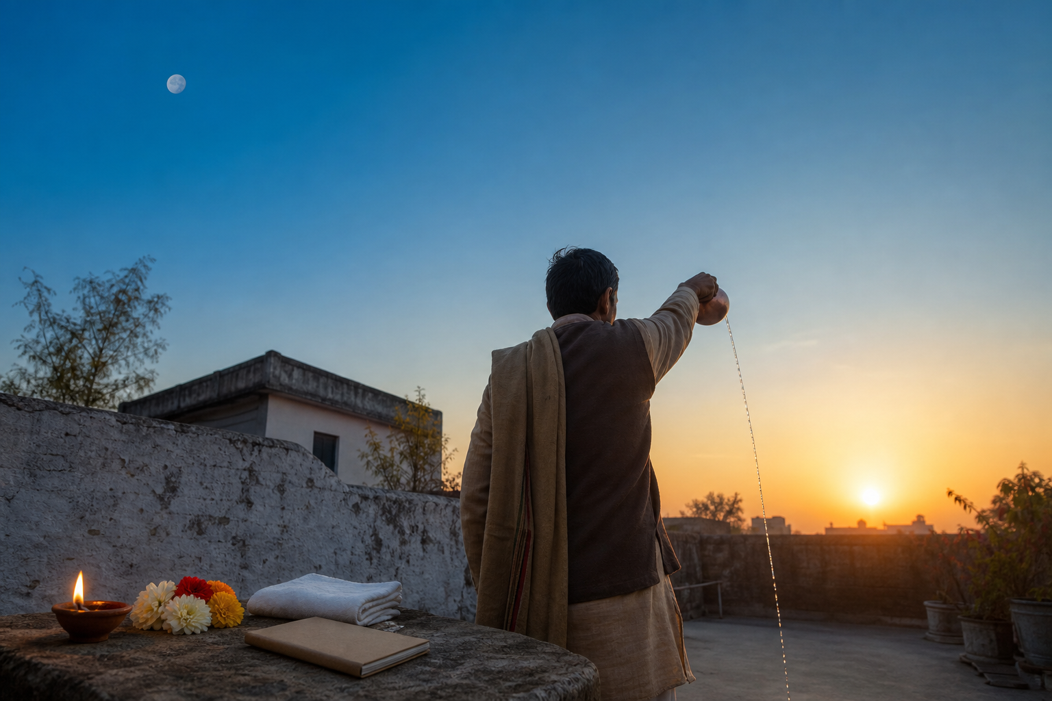 A devotee offers water toward the rising sun in a quiet courtyard while a pale waning moon remains visible in the sky.