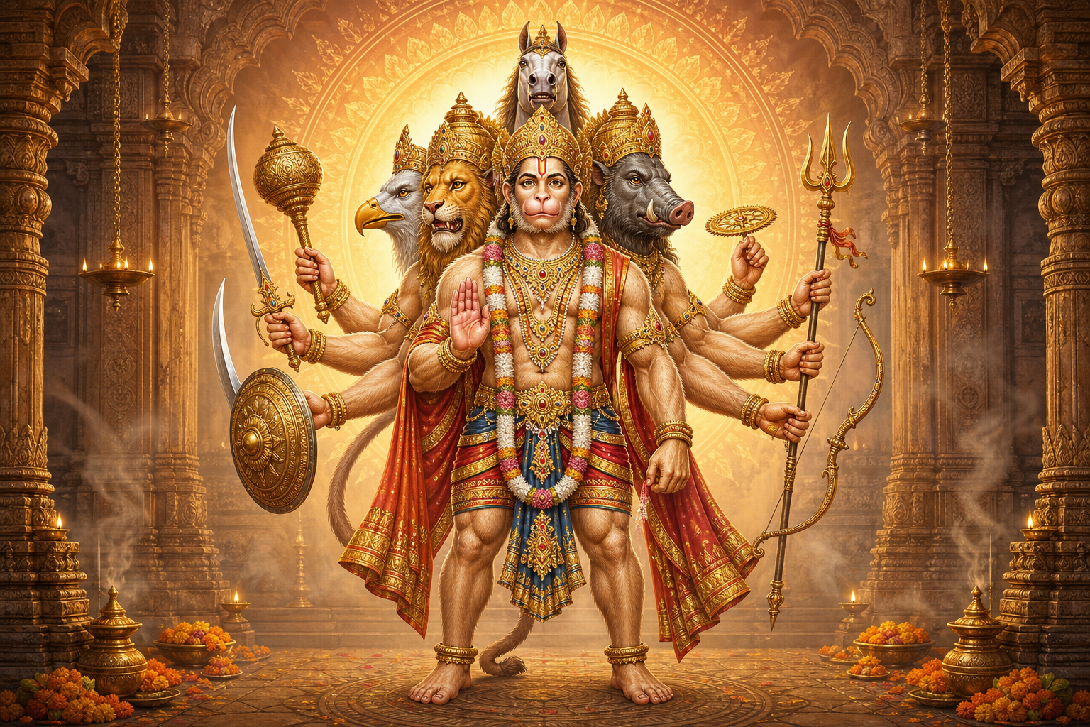Five-faced Hanuman stands in a lamp-lit temple with the faces of Hanuman, Narasimha, Garuda, Varaha, and Hayagriva arranged around one radiant form.