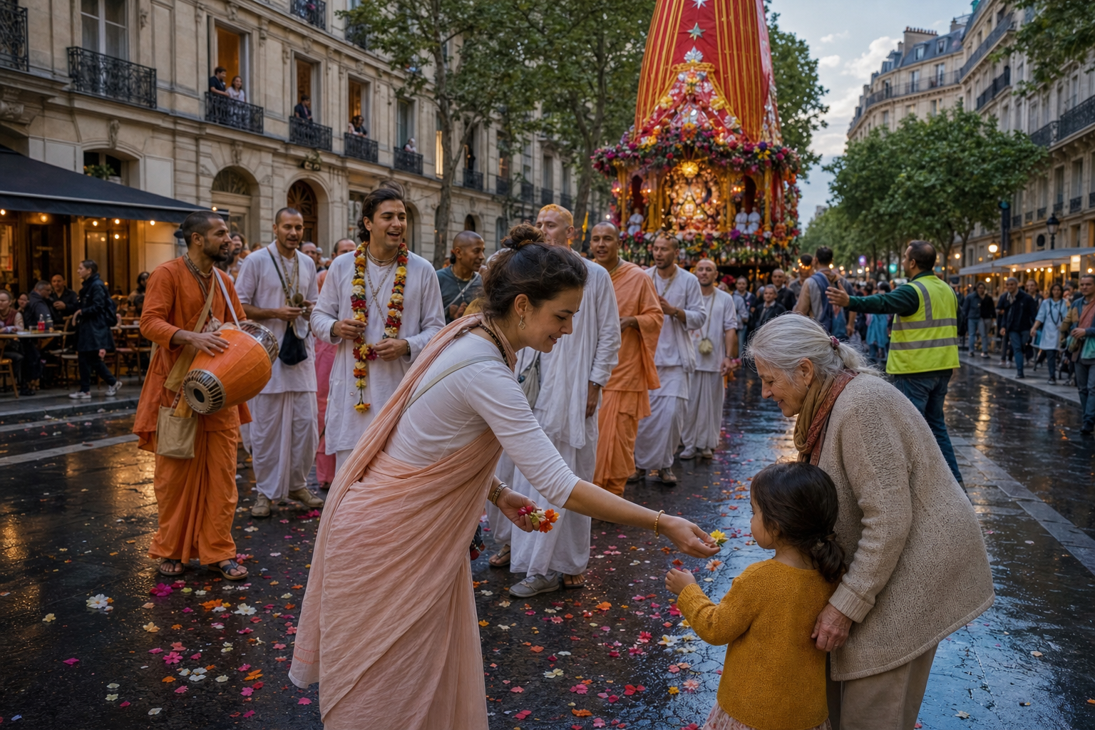 A Ratha Yatra procession with a decorated chariot, musicians, flower petals, volunteers, and spectators transforms a Paris intersection into a temporary devotional gathering place.