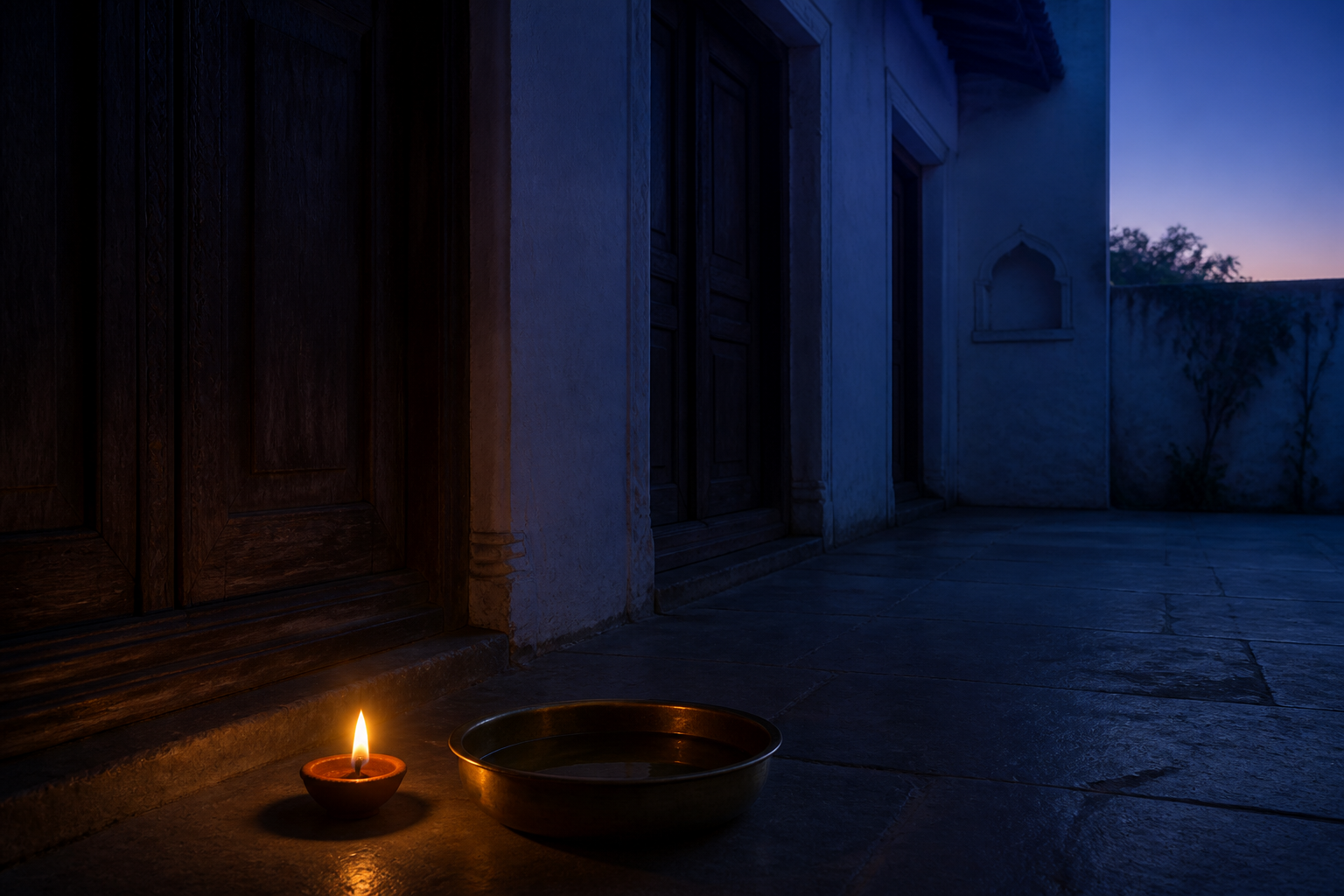 A moonlit courtyard with a glowing clay lamp and the first faint light of dawn, symbolizing a transition shortly after midnight.