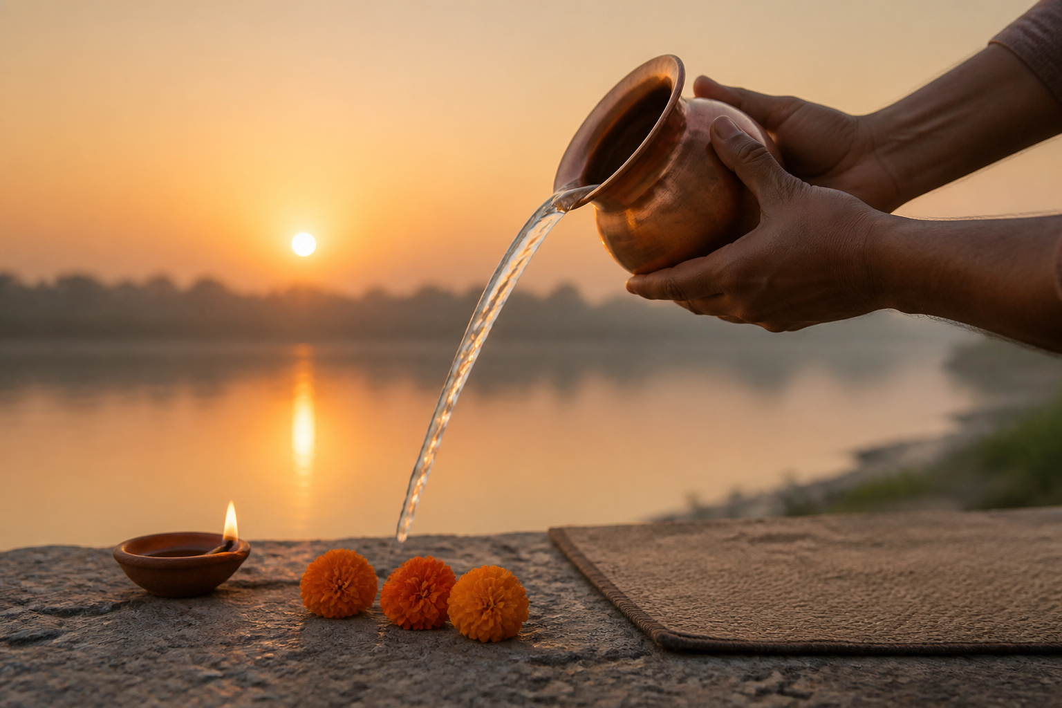 Hands pour water from a copper vessel toward the sunrise beside a clay lamp, flowers, and a meditation mat.