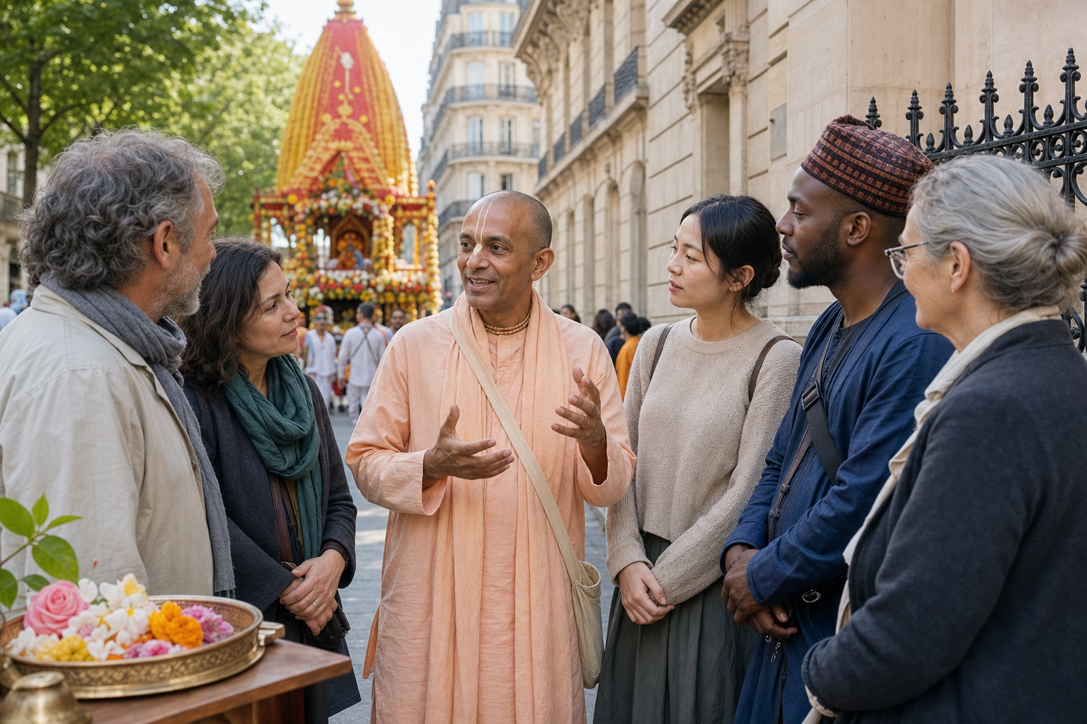A Vaishnava devotee speaks with visitors of varied backgrounds beside the Ratha Yatra route, while the decorated chariot remains visible in the distance.