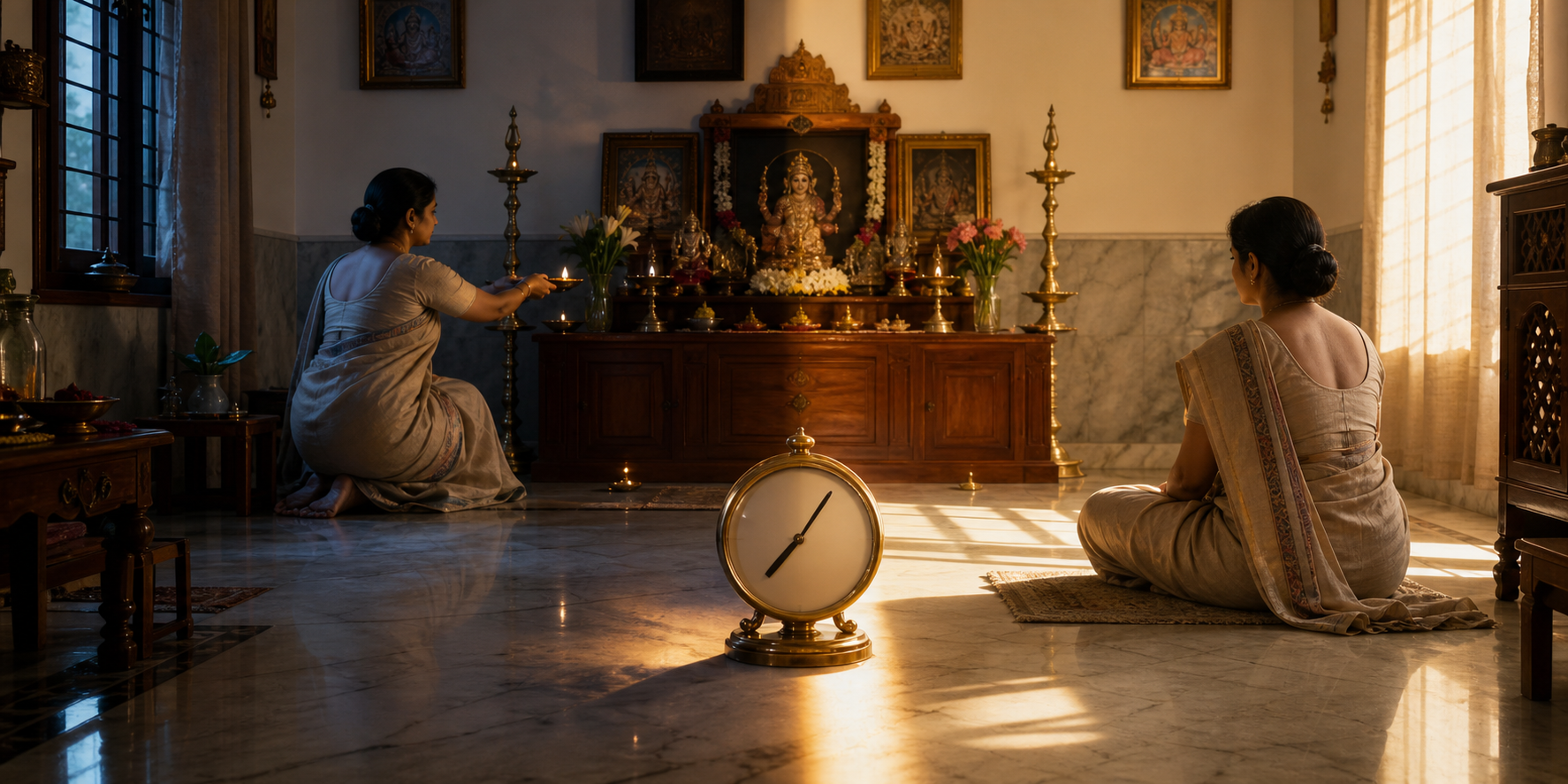 One prayer room appears in two phases of morning light, with an unnumbered brass clock and a devotee changing from offering to reflection.