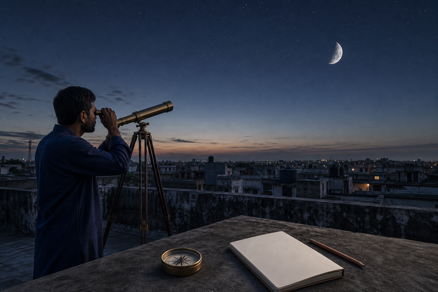 A rooftop observer studies the waning moon through a small telescope with a compass and blank notebook nearby.