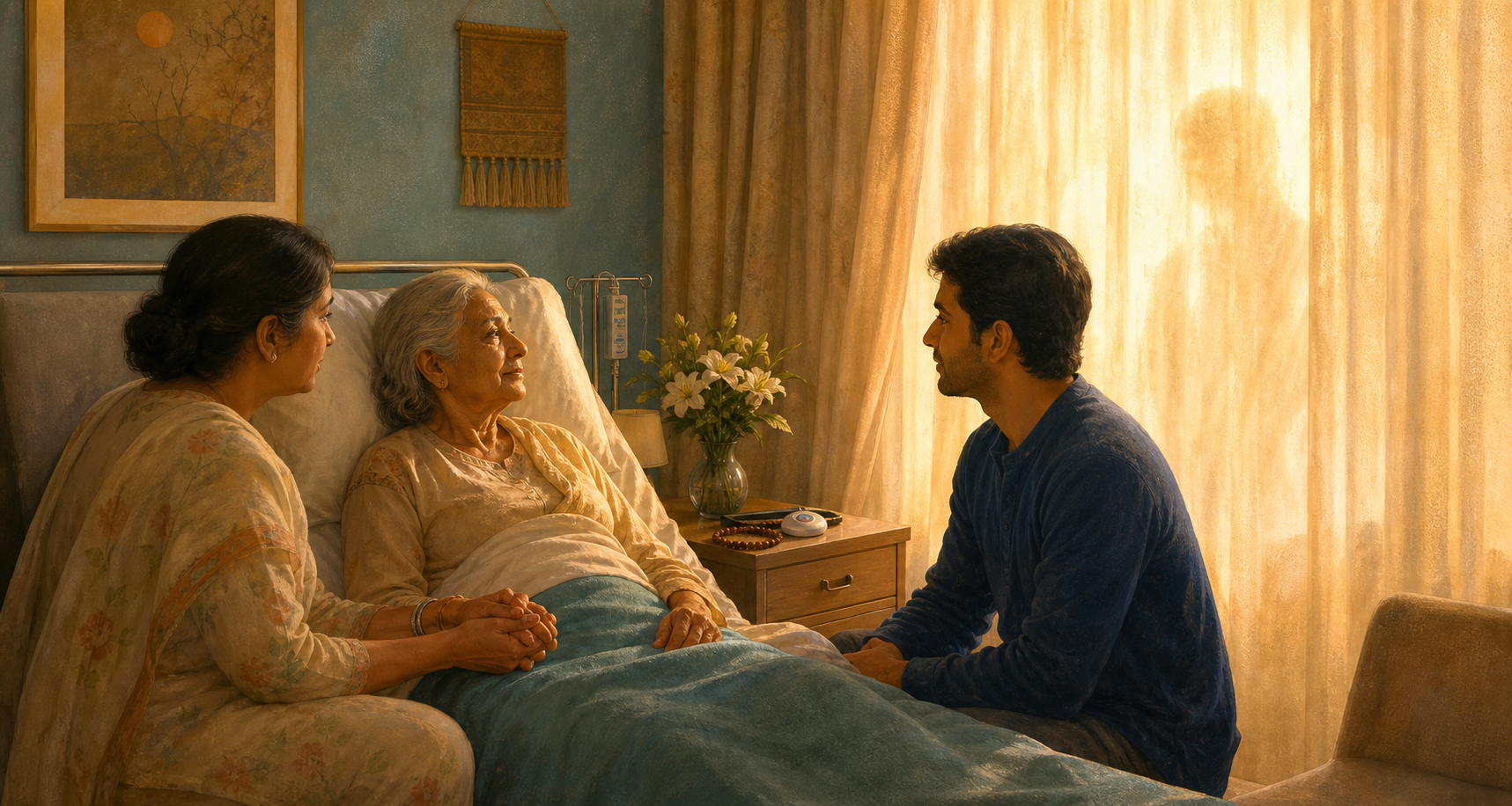 An older South Asian woman in a hospice bed looks toward warm window light while family members sit beside her and hold her hand.