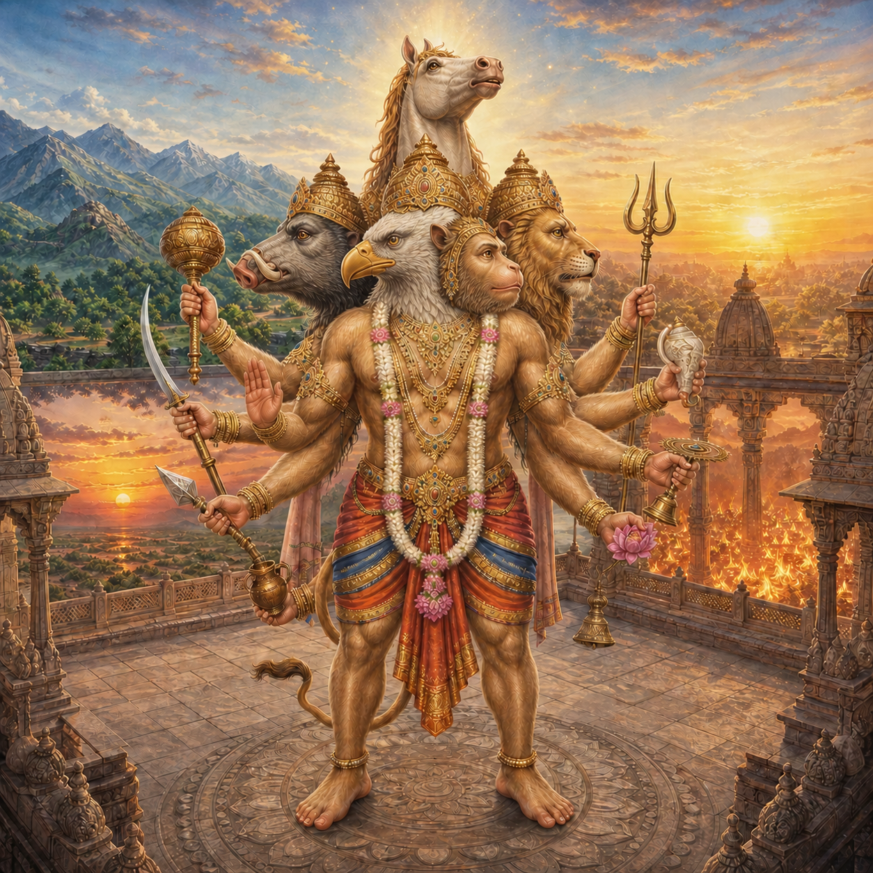 An elevated view shows Panchmukhi Hanuman at the center of a temple courtyard, with four faces looking toward distinct landscapes and the fifth looking upward.