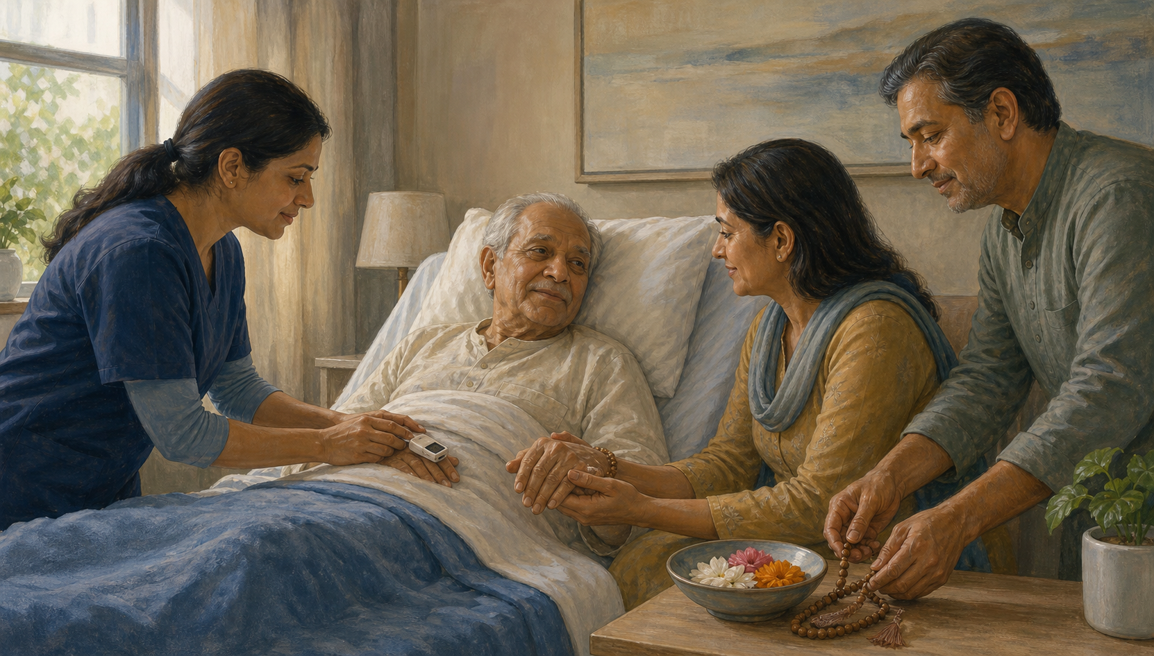 A hospice nurse checks an older man's pulse oximeter as his daughter holds his hand and another relative places prayer beads nearby.