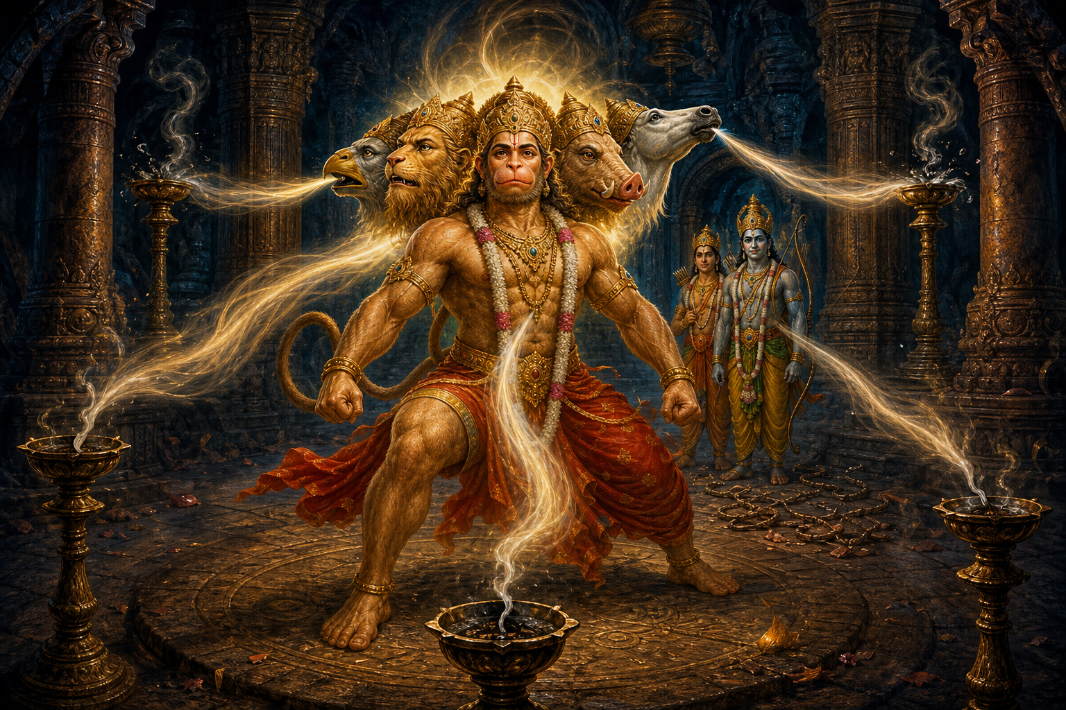 Five-faced Hanuman extinguishes five lamps in a subterranean temple while Rama and Lakshmana stand safely in the background.