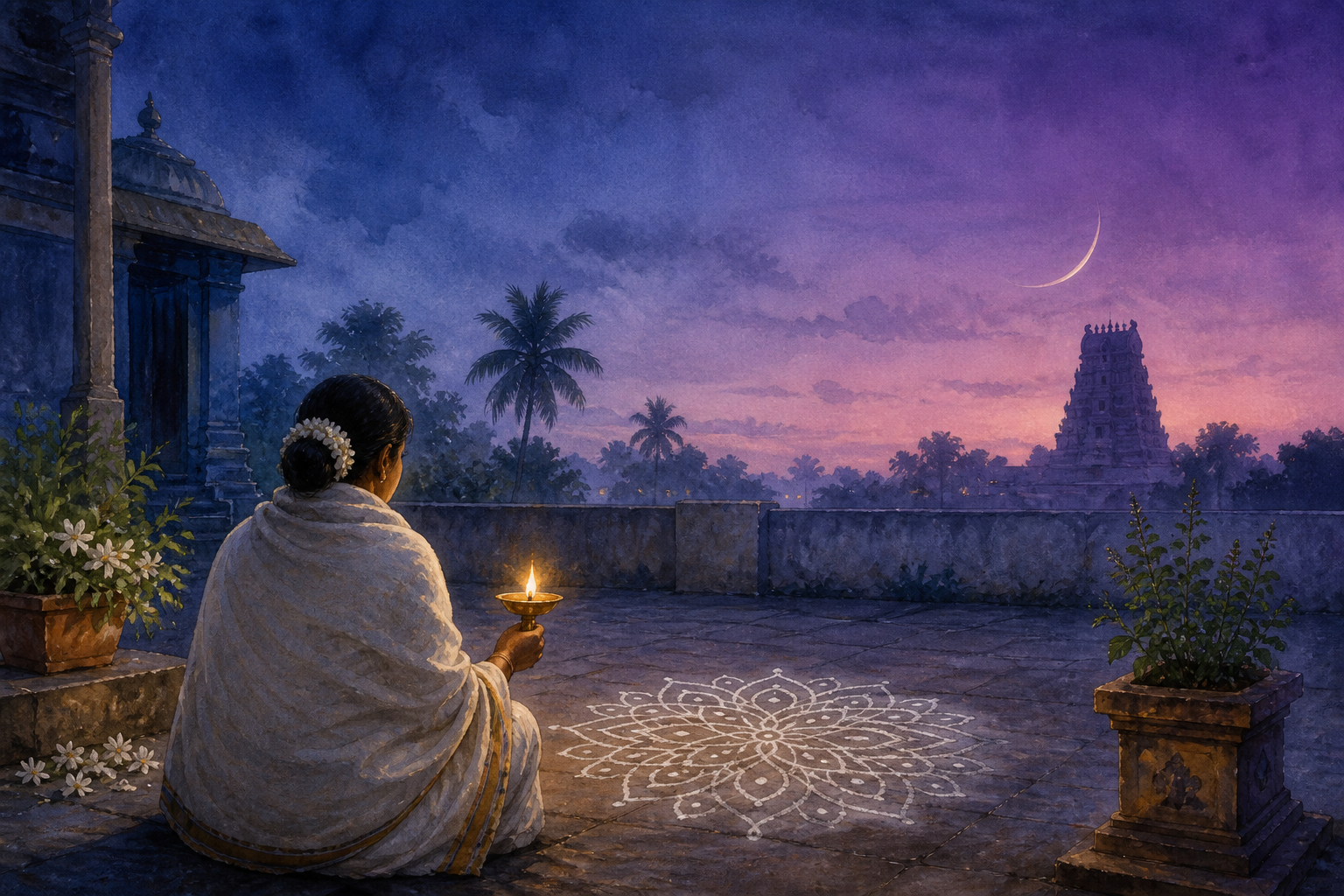 A devotee holding an oil lamp beside a white kolam at dawn, with a slender crescent moon above a distant South Indian temple.