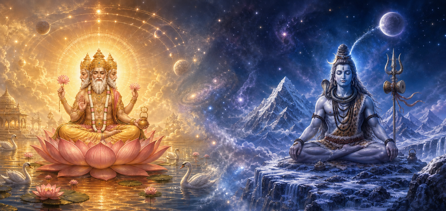 Brahma sits on a golden lotus in a radiant celestial realm beside Shiva meditating on a moonlit Himalayan terrace, with both realms shown at equal height across a starry panorama.