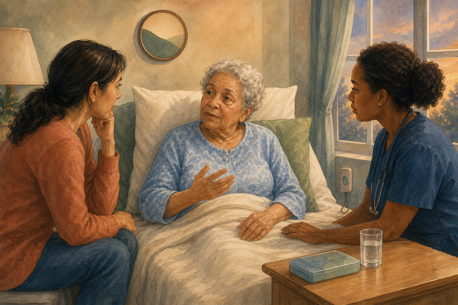 A family caregiver and nurse attentively observe an older patient speaking from a bed, with a clock, medicine organizer, water, and call button nearby.