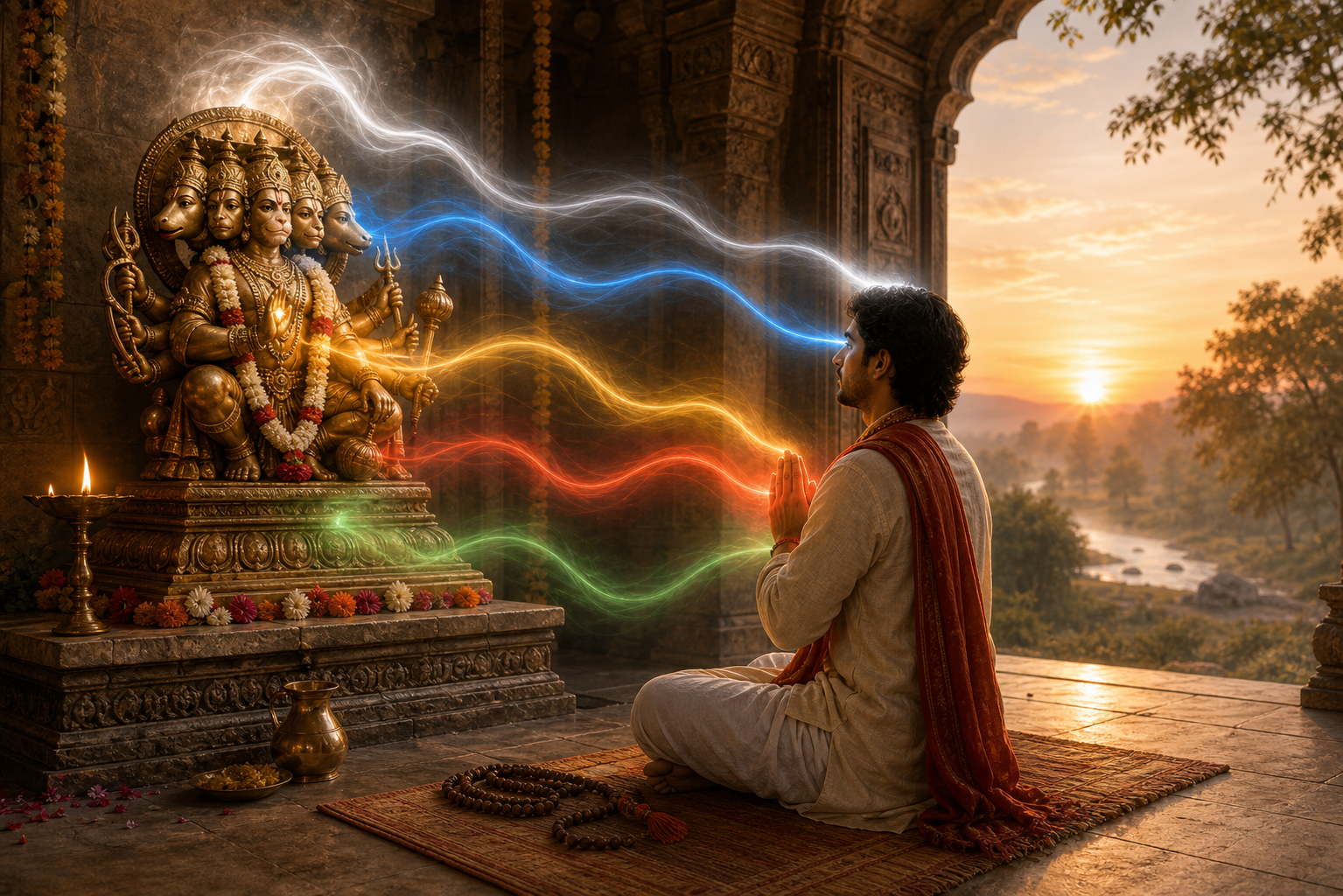 A seated devotee meditates before a five-faced Hanuman murti as five colors of light gather around the hands, heart, eyes, body, and head.