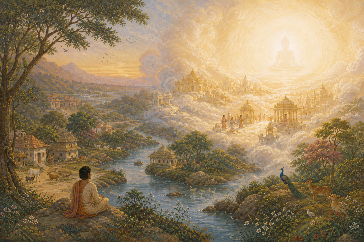 A traveler looks across a continuous landscape that moves from an earthly river valley to a celestial sanctuary and finally into a luminous meditative horizon.