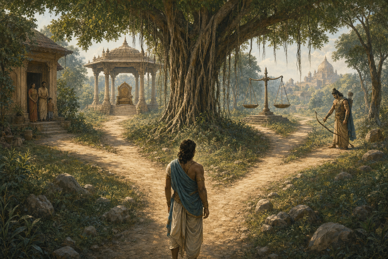 A reader pauses where several equally lit paths lead toward scenes involving family, rulership, justice, and conflict.