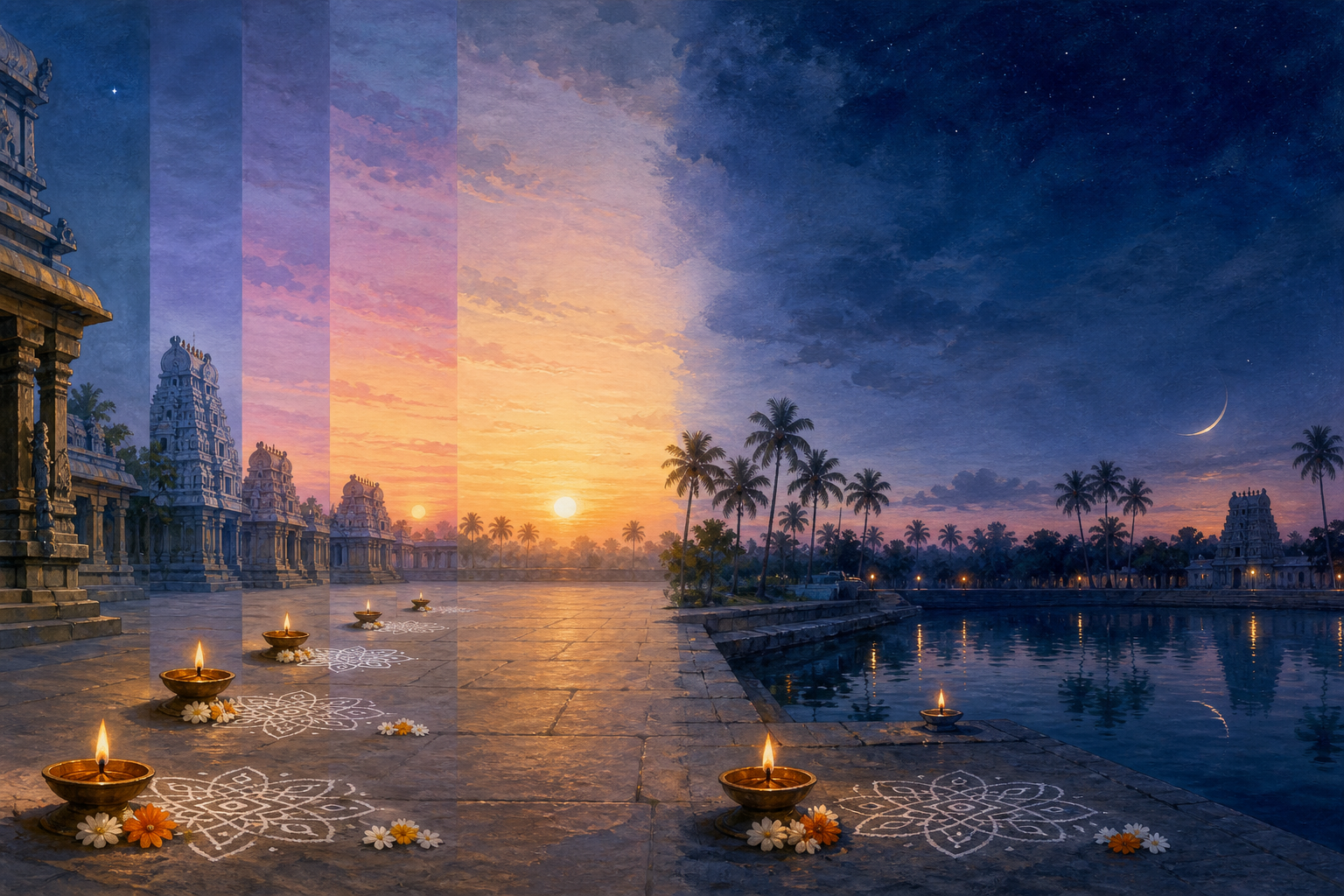 A continuous landscape contrasts repeated dawn worship in a temple courtyard with a moonless evening changing to a first waxing crescent.