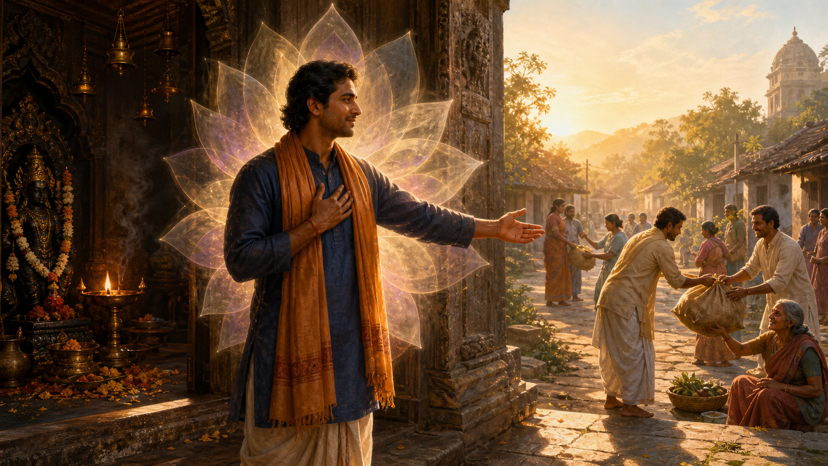 A devotee leaves a lamp-lit temple at dawn and walks toward neighbors engaged in community service, surrounded by a subtle lotus-shaped glow.