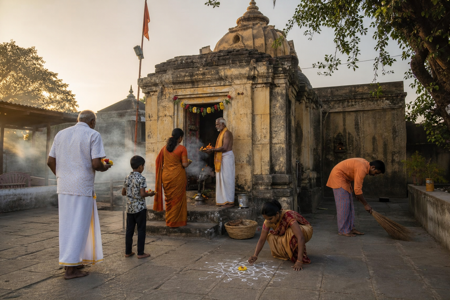 Devotees, a priest, and caretakers gather at a weathered stone temple in a village courtyard at dawn.