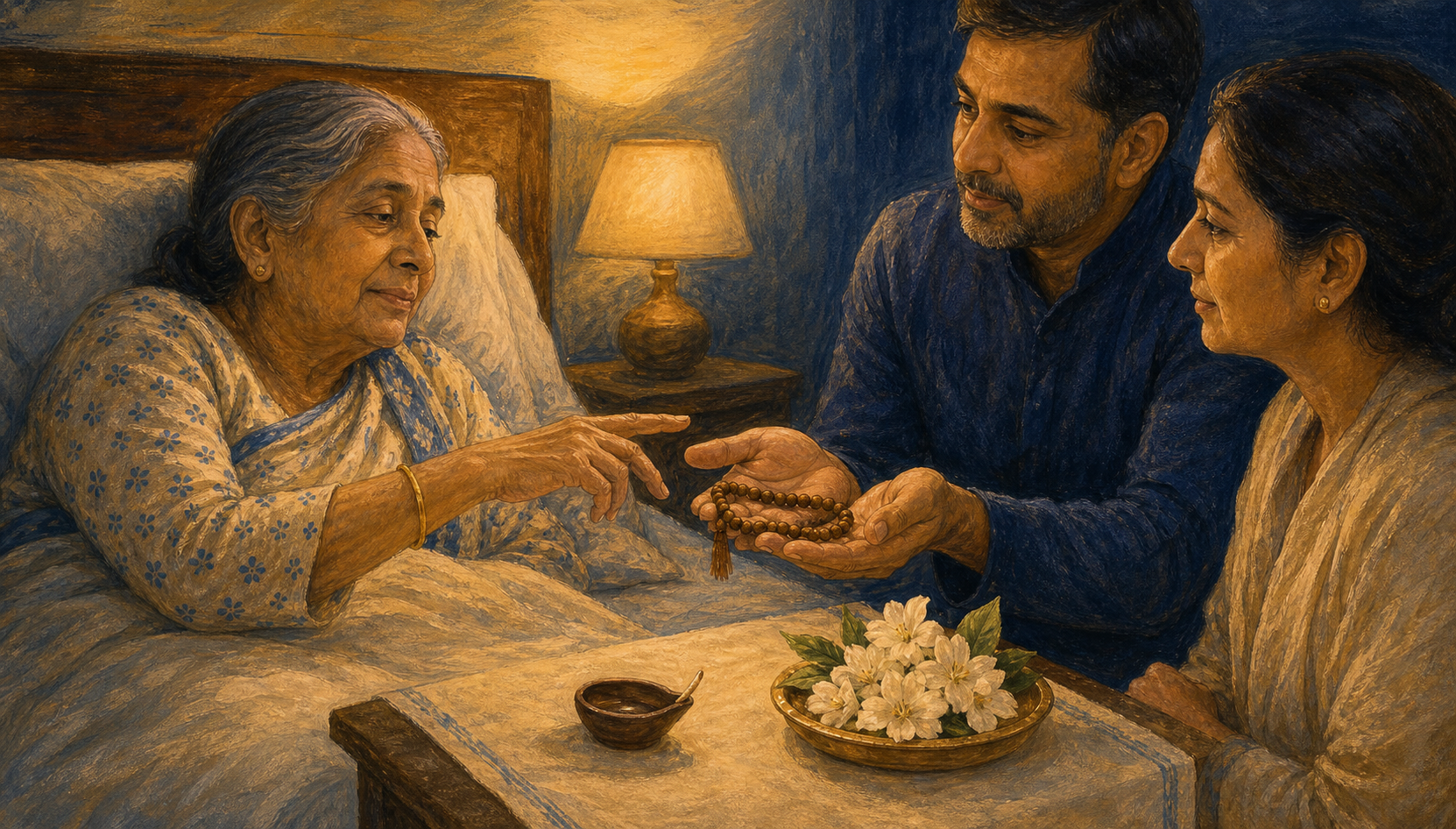 An older woman gestures toward her prayer beads as her son offers them to her and another relative waits attentively.