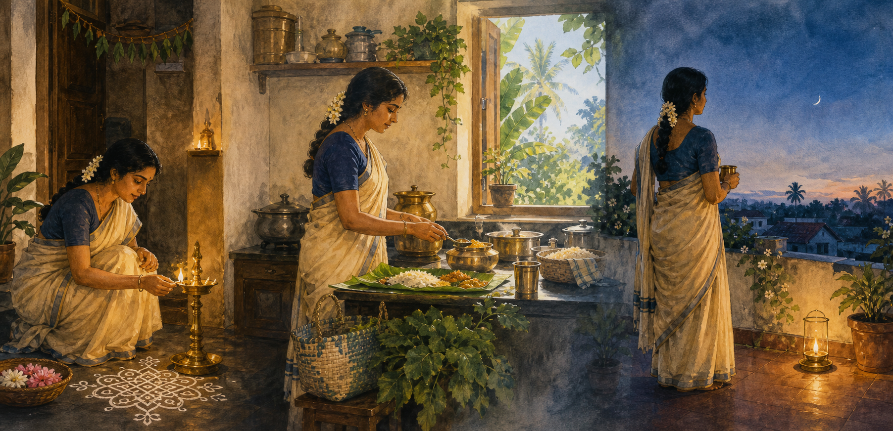 A devotee lights a lamp at dawn, works and shares food during the day, and watches for a crescent from a terrace at dusk.