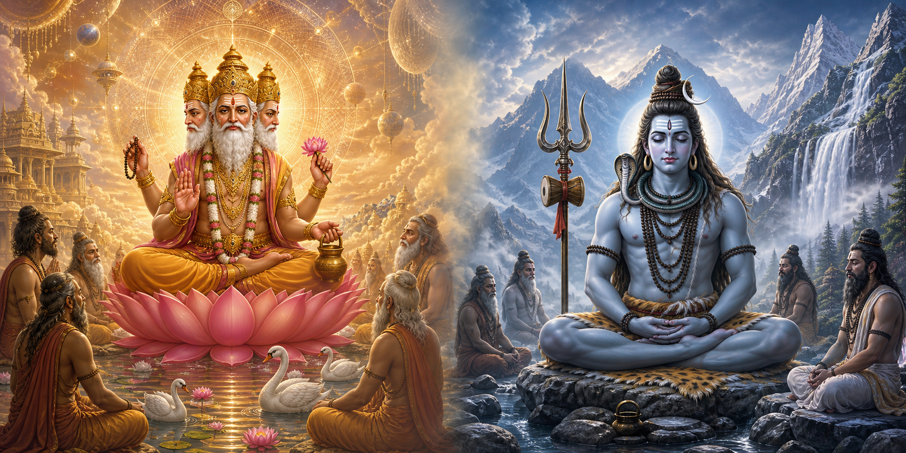 Brahma teaches seated sages in a warm lotus-filled celestial setting while Shiva meditates with sages in a cool Himalayan landscape beside a waterfall.