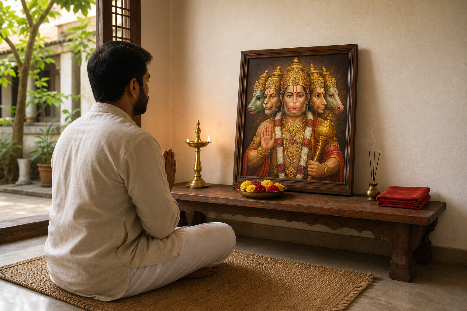A householder prays before a five-faced Hanuman image on a simple home altar with a lamp, incense, and flowers.