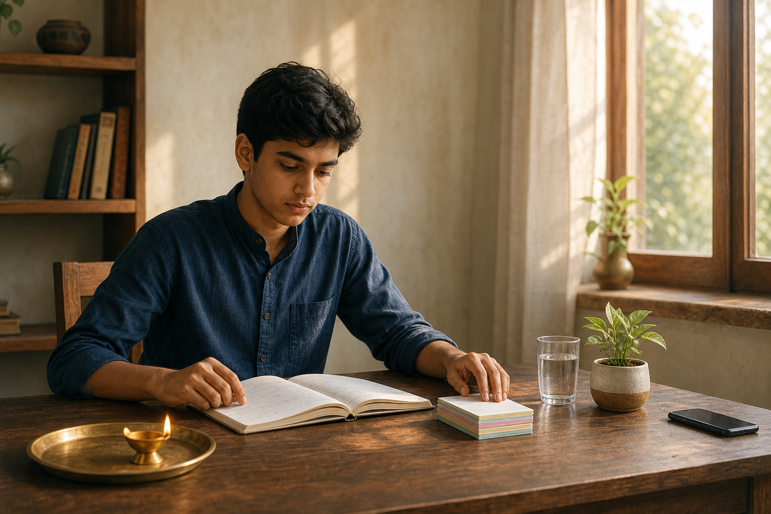 A student studies at a wooden desk beside study cards, a plant, water and a glowing brass diya, while a closed phone sits out of reach.