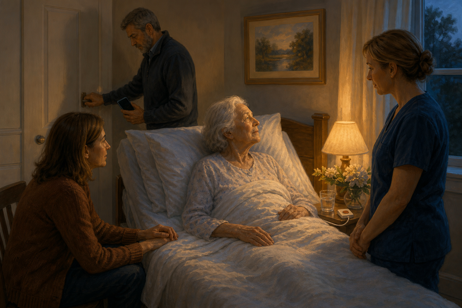 A family member listens calmly to an older patient in bed while another quiets the room and a hospice nurse remains nearby.