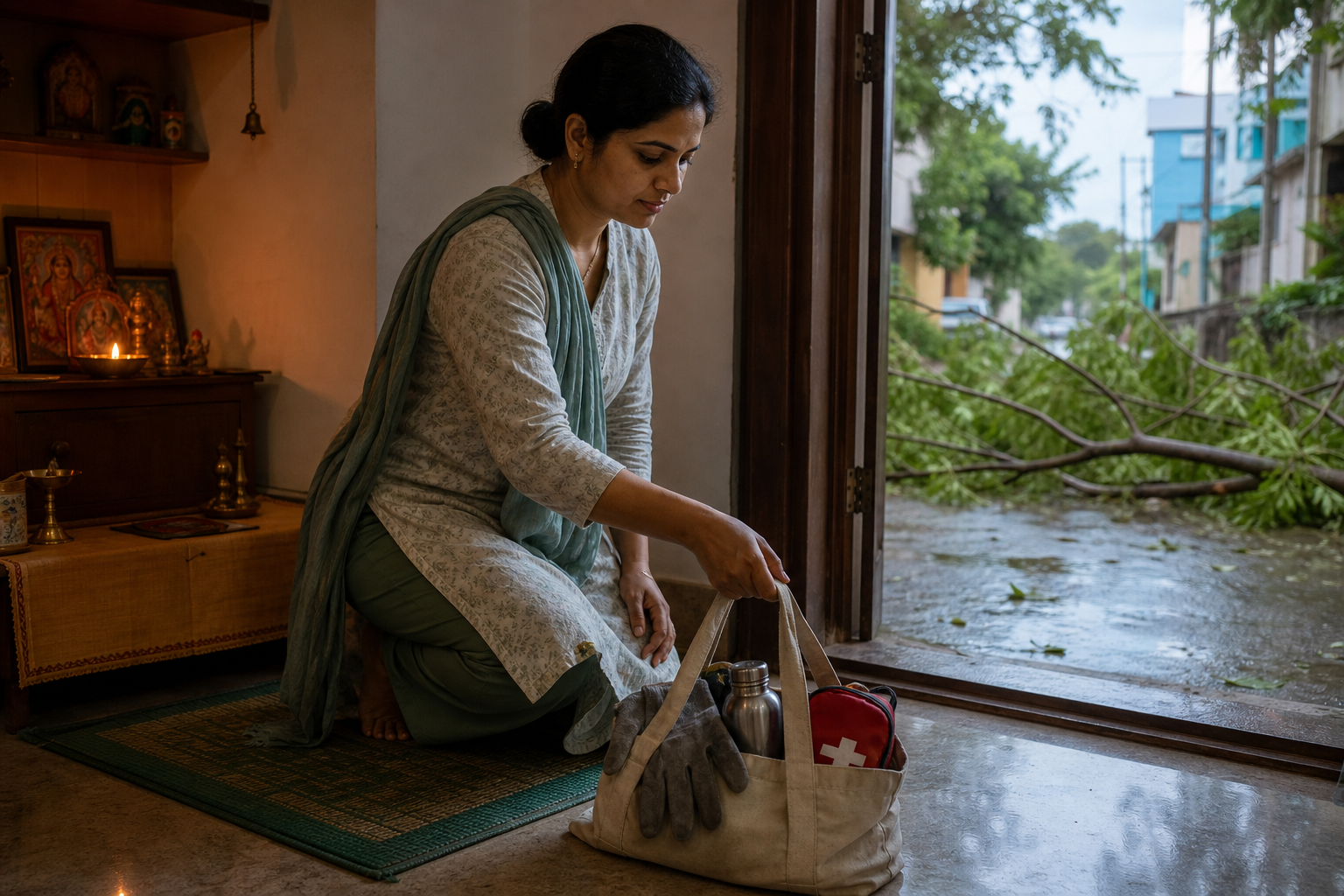 A woman rises from prayer and picks up a bag of practical supplies while a fallen branch is visible outside her doorway.