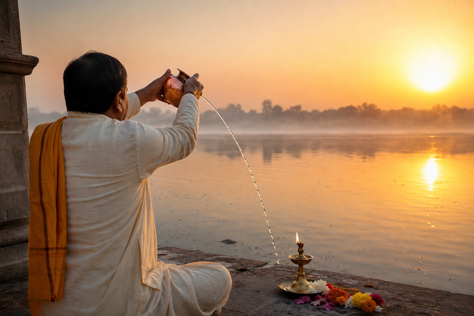 A devotee pours water from a copper vessel toward the rising sun on a quiet riverside terrace.