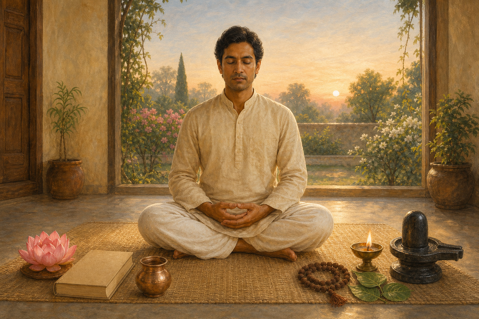 A practitioner meditates at sunrise between a closed sacred book and lotus on one side and rudraksha beads, bilva leaves, an oil lamp, and a stone Shiva linga on the other.