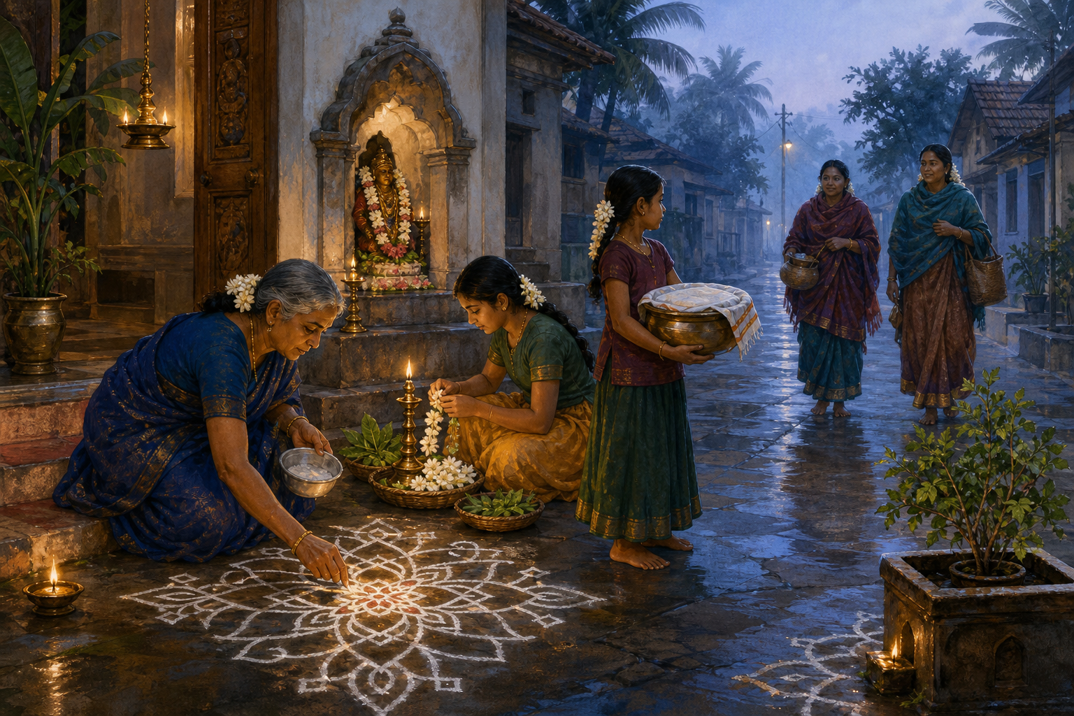 Women and girls gather at dawn to draw a kolam, arrange flowers, light a lamp, and prepare food to share with neighbors.