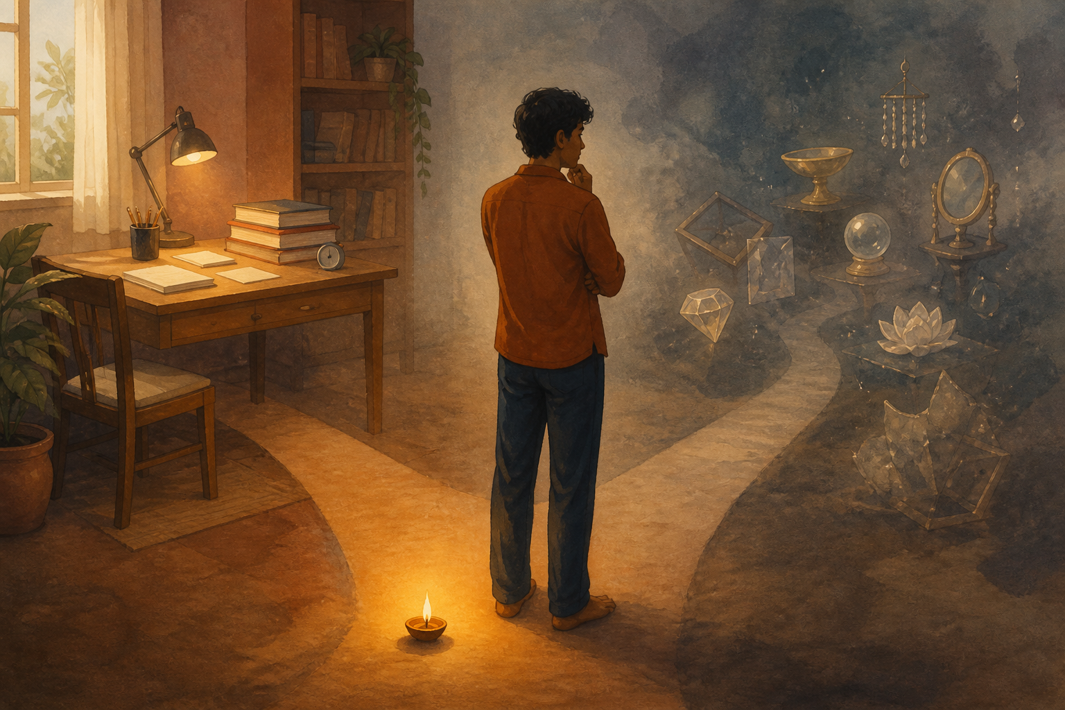 A student chooses between a well-lit path toward an organized study desk and a hazy path of empty shortcuts.