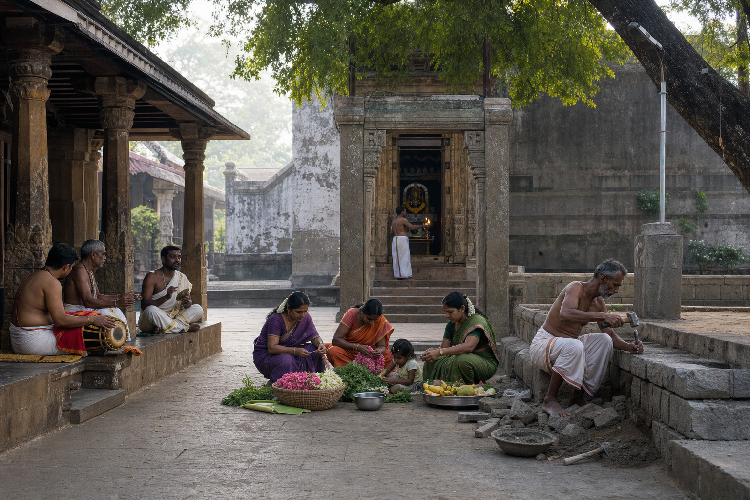 A temple courtyard connects worship, family offerings, devotional music, old architecture, and careful stone repair.
