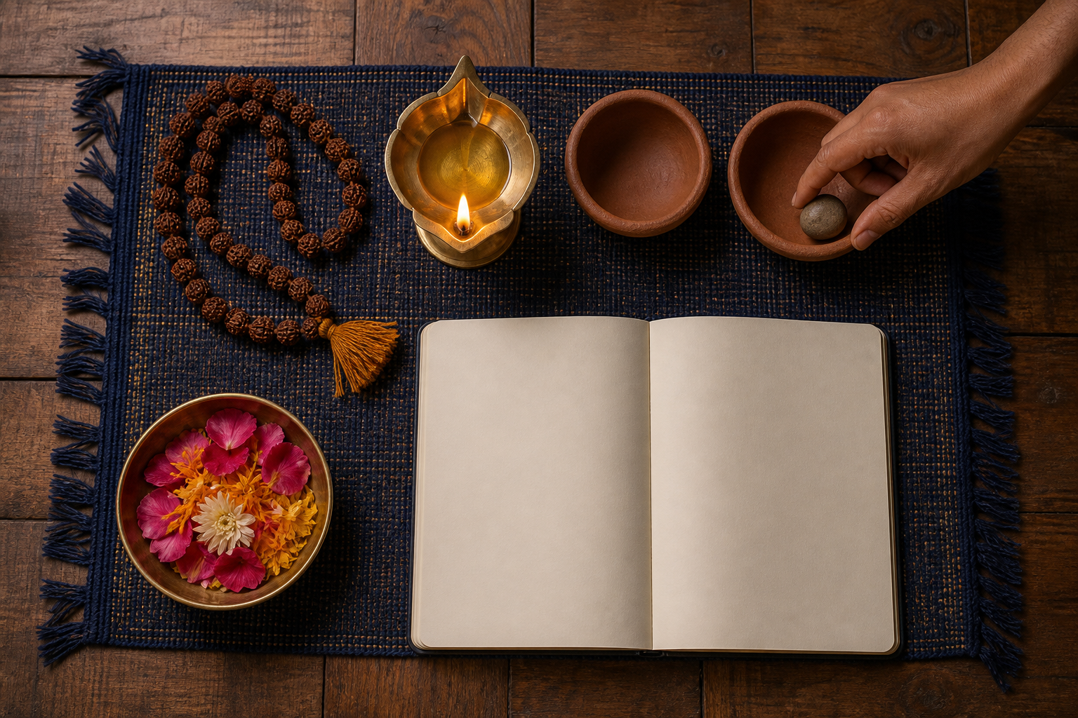 A hand places a smooth stone into one of two clay bowls beside prayer beads, a lit oil lamp, flowers, and a blank notebook.
