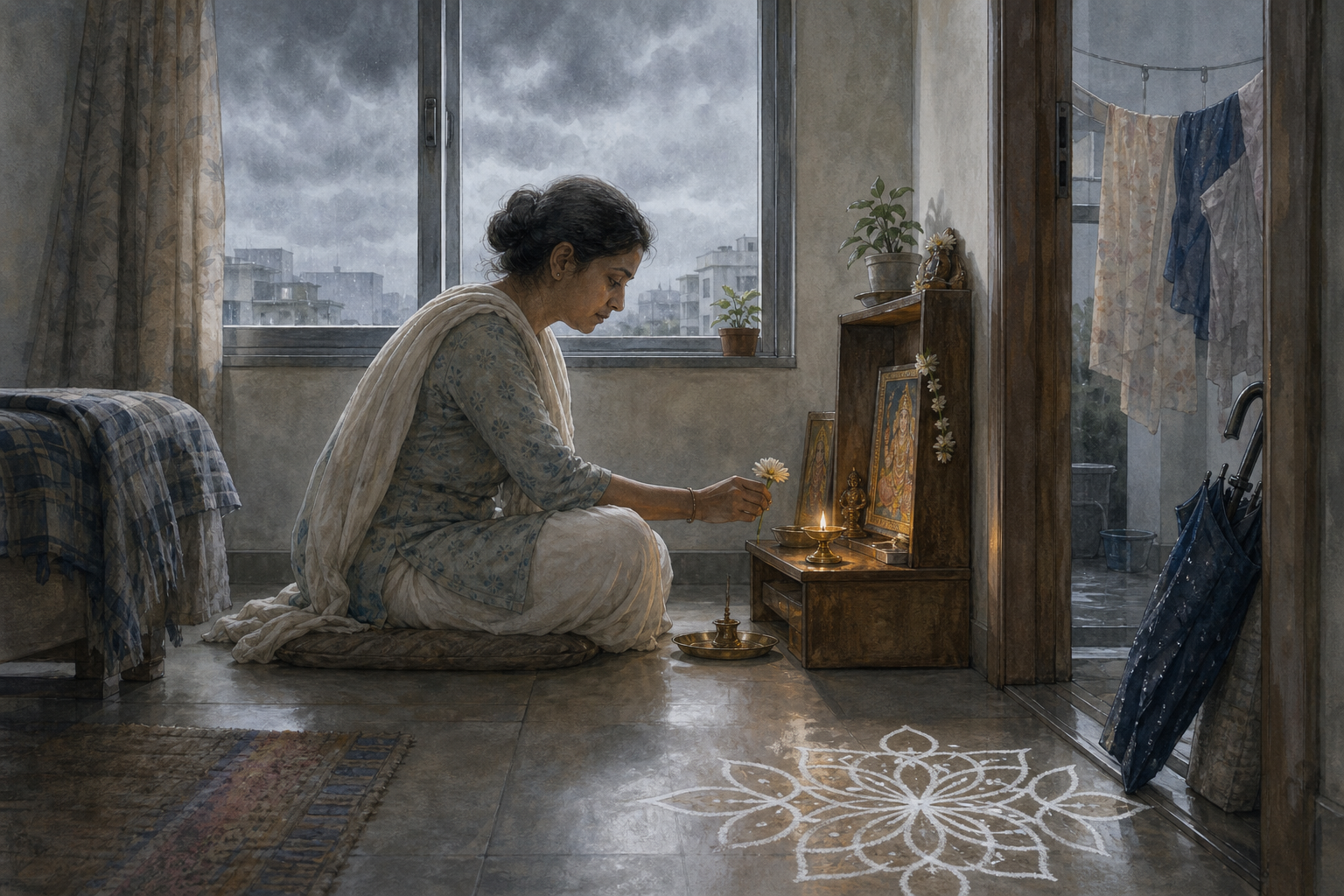 A devotee offers one flower beside a small lamp in a rainy apartment while clouds cover the sky outside.