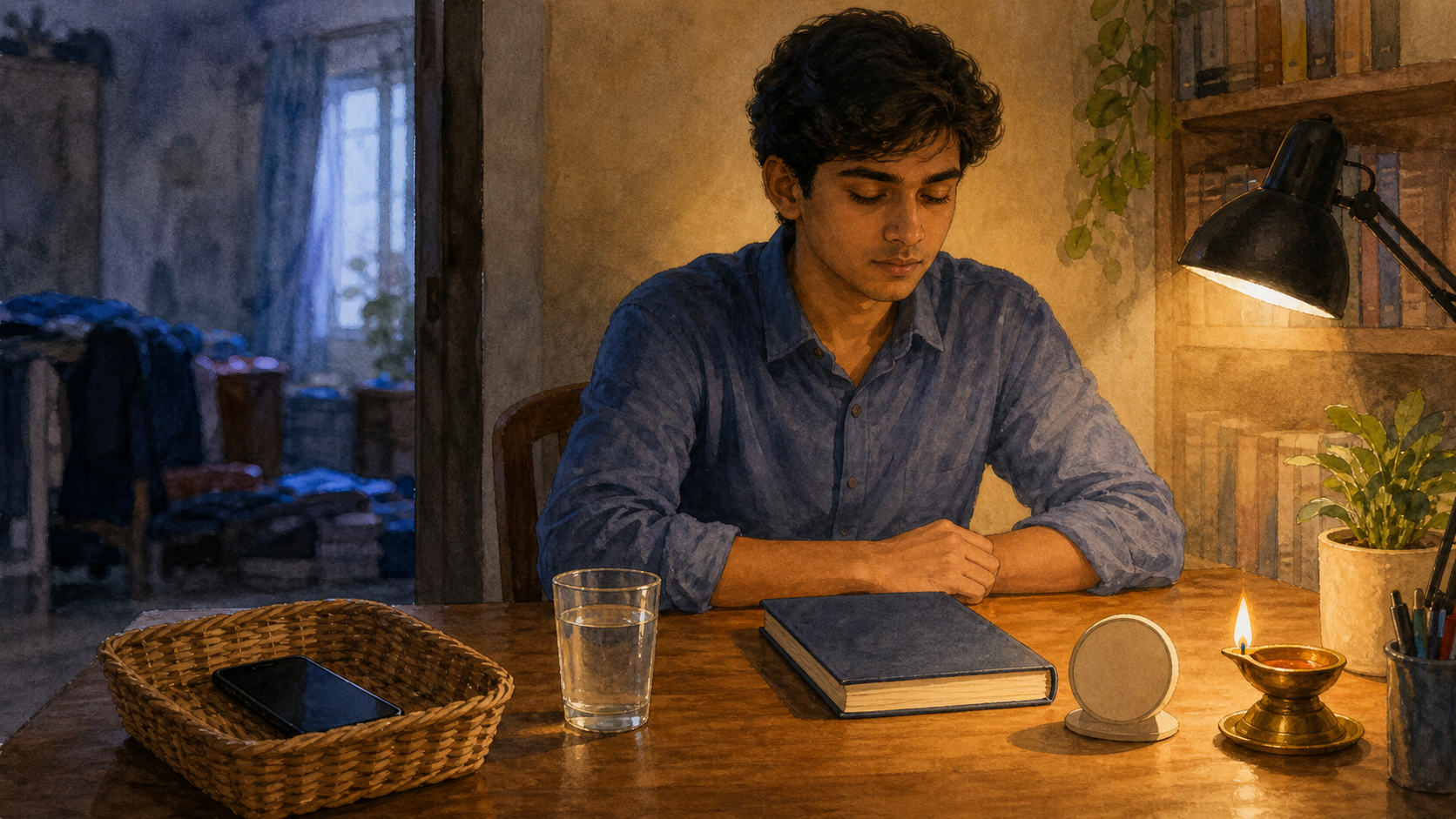 A student pauses to breathe at a tidy desk while a phone rests in a basket away from the study area.